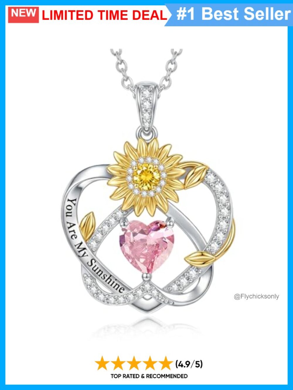 925 Sterling Silver Sunflower Heart Necklace with Tourmaline Birthstone
